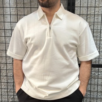 Polo Yaka Fermuarlı Pike Kumaş Beyaz T-Shirt