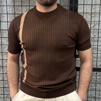 Kahverengi Çizgili Triko Sıfır Yaka T-Shirt