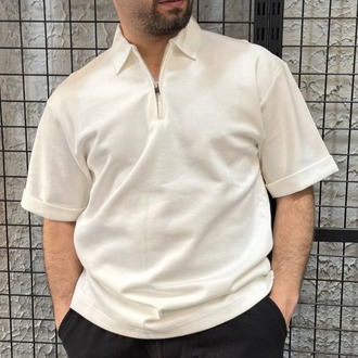 Polo Yaka Fermuarlı Pike Kumaş Beyaz T-Shirt