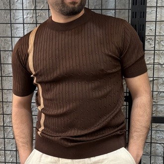 Kahverengi Çizgili Triko Sıfır Yaka T-Shirt