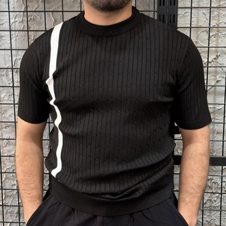 Triko Çizgili Sıfır Yaka Siyah T-Shirt