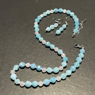 Doğal Aquamarin ve Pembe Quvars taşlarından Kokye ve Küpe set