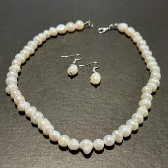 Doğal Beyaz İnci Kolye ve Küpe set