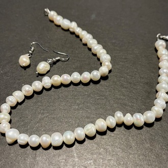 Doğal Beyaz İnci Kolye ve Küpe set