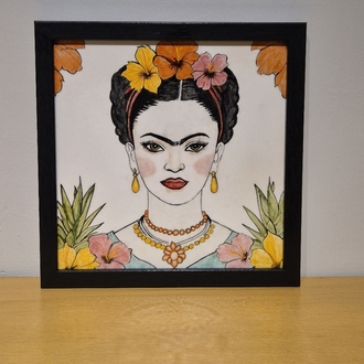 El Yapımı Frida Kahlo Figürlü Seramik Karo Tablo + Siyah Çerçeve