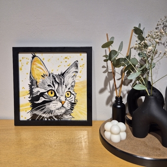 El Yapımı Kedi Figürlü Seramik Karo Tablo + Siyah Çerçeve
