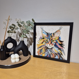 El Yapımı Kedi Figürlü Seramik Karo Tablo + Siyah Çerçeve