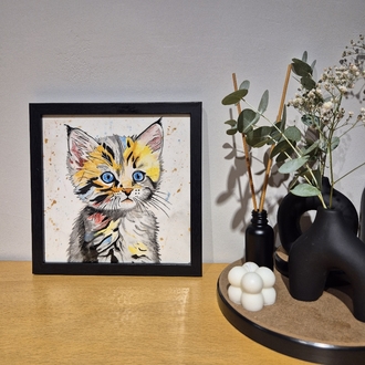 El Yapımı Kedi Figürlü Seramik Karo Tablo + Siyah Çerçeve