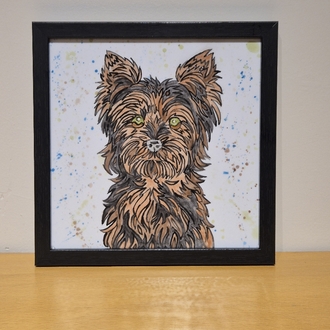 El Yapımı Yorkshire Terrier Köpek Figürlü Seramik Karo Tablo + Siyah Çerçeve