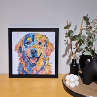 El Yapımı Golden Retriever Köpek Figürlü Seramik Karo Tablo + Siyah Çerçeve