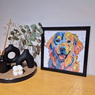 El Yapımı Golden Retriever Köpek Figürlü Seramik Karo Tablo + Siyah Çerçeve