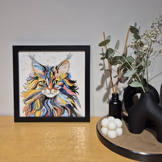 El Yapımı Kedi Figürlü Seramik Karo Tablo + Siyah Çerçeve