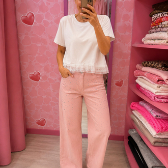 Taşlı wide leg jean