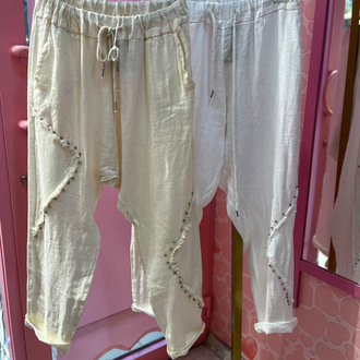 Taş işli keten şalvar pantolon