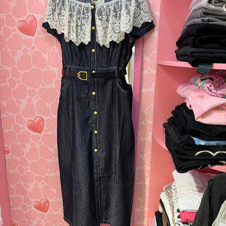 Dantel yakalı denim elbise