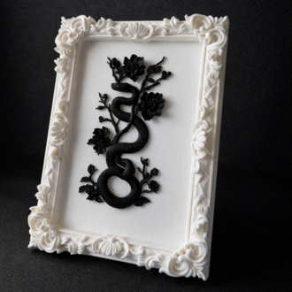 Eterna Yılan & Çiçek Rölyef Beyaz Tablo | Varaklı Çerçeve  170mm x230mm 