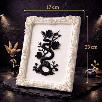 Eterna Yılan & Çiçek Rölyef Beyaz Tablo | Varaklı Çerçeve  170mm x230mm 