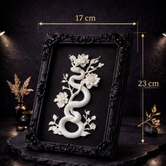 Eterna Yılan & Çiçek Rölyef Siyah Tablo | Varaklı Çerçeve 170mm x230mm