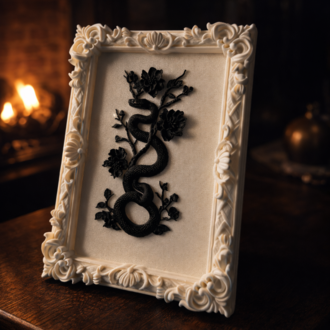 Eterna Yılan & Çiçek Rölyef Beyaz Tablo | Varaklı Çerçeve  170mm x230mm 