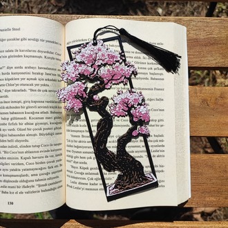Tia Craft Bonsai Ağacı Motifli 3D Kitap Ayracı Pembe Püsküllü Dekoratif Hediyelik