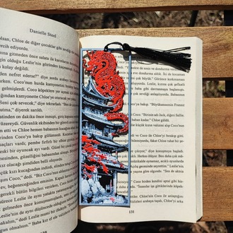 Tia Craft Ejderha ve Japon Pagoda Motifli 3D Kitap Ayracı Püsküllü Dekoratif Hediyelik