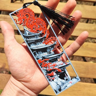 Tia Craft Ejderha ve Japon Pagoda Motifli 3D Kitap Ayracı Püsküllü Dekoratif Hediyelik