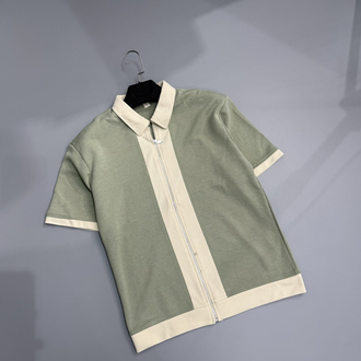 Çağla & taş rengi fermuarlı polo gömlek