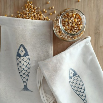 Toprak Atalier Keten Bakliyat Kesesi – 20×30 cm | Doğal Kumaş, Tahta Baskı Desenli