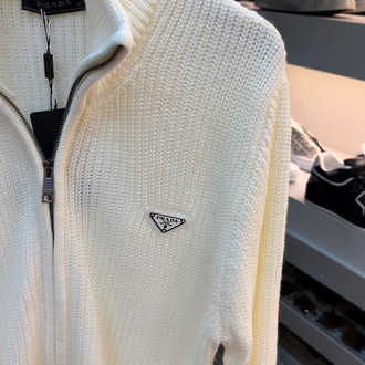 Prada Full Zip Ribbed Knit Sweater Beyaz