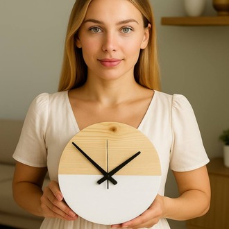 Ağaç Minimalist Duvar Saati (Beyaz Detaylı)