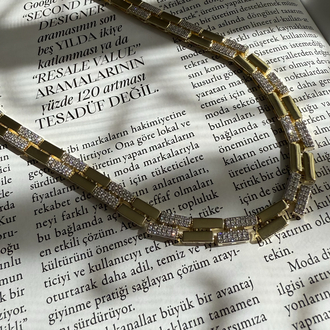 Çift Sıralı Tasarım Gold Zirkon Kolye