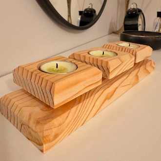 Doğal Ahşap 3'lü Mumluk - Masif Çam Tealight Mumluk