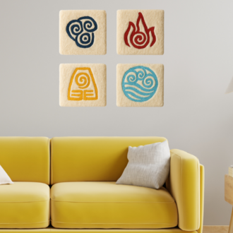 El Yapımı 4 Element Duvar Halısı – Tufting Dekor (Ateş, Su, Toprak, Hava)