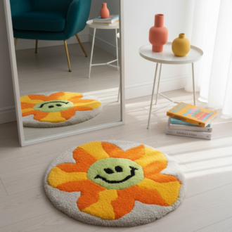 El Yapımı Gülümseyen Çiçek Tufting Halı – Dekoratif Yuvarlak Tasarım (40 cm)
