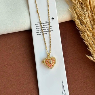 ÇELİK GOLD KALP KAFES KOLYE (PEMBE)