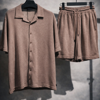 Jakar Dokulu Oversize Açık Kahve Gömlek & Şort Takım