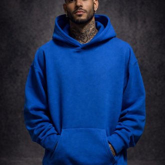 3 iplik Şardonlu Mavi Oversize Hoodie