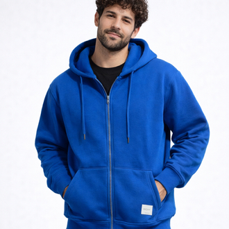 3 iplik Şardonlu Basic Mavi Fermuarlı Sweatshirt