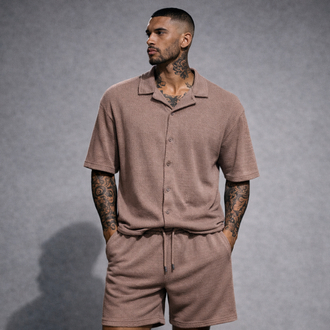 Jakar Dokulu Oversize Açık Kahve Gömlek & Şort Takım