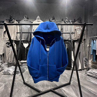 3 iplik Şardonlu Basic Mavi Fermuarlı Sweatshirt