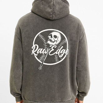 Oversize 3 İplik Asit Yıkamalı Hoodie – Raw Edge Skull Print