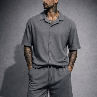 Jakar Dokulu Oversize Gri Gömlek & Şort Takım