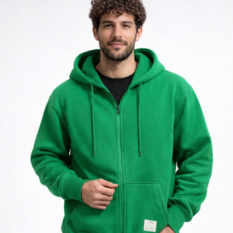 3 iplik Şardonlu Basic Yeşil Fermuarlı Sweatshirt