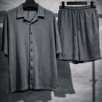 Jakar Dokulu Oversize Gri Gömlek & Şort Takım