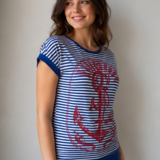 Çizgili Çapa Desenli Kadın T-Shirt