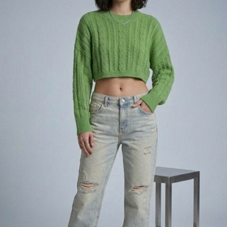 Yeşil Renk Örgü Crop Kazak