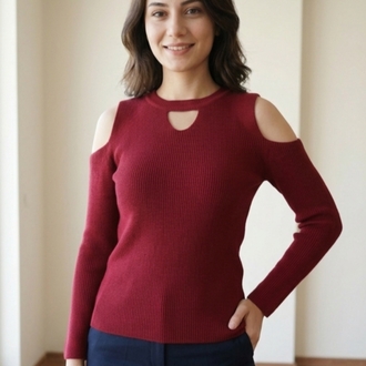 Bordo Omuz Dekolte Detaylı Kazak