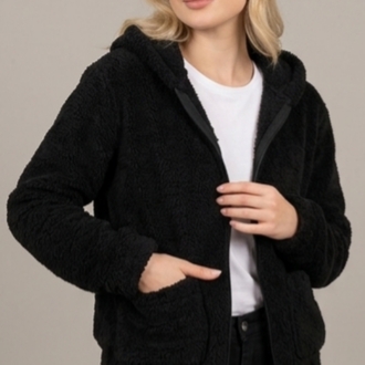 Siyah Kapüşonlu Peluş Mont/Sweatshirt