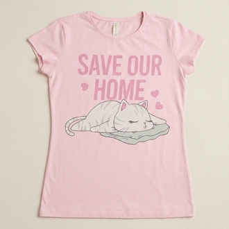 Pembe Renk Kedi Baskılı T-shirt