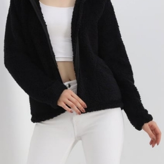 Siyah Kapüşonlu Peluş Mont/Sweatshirt